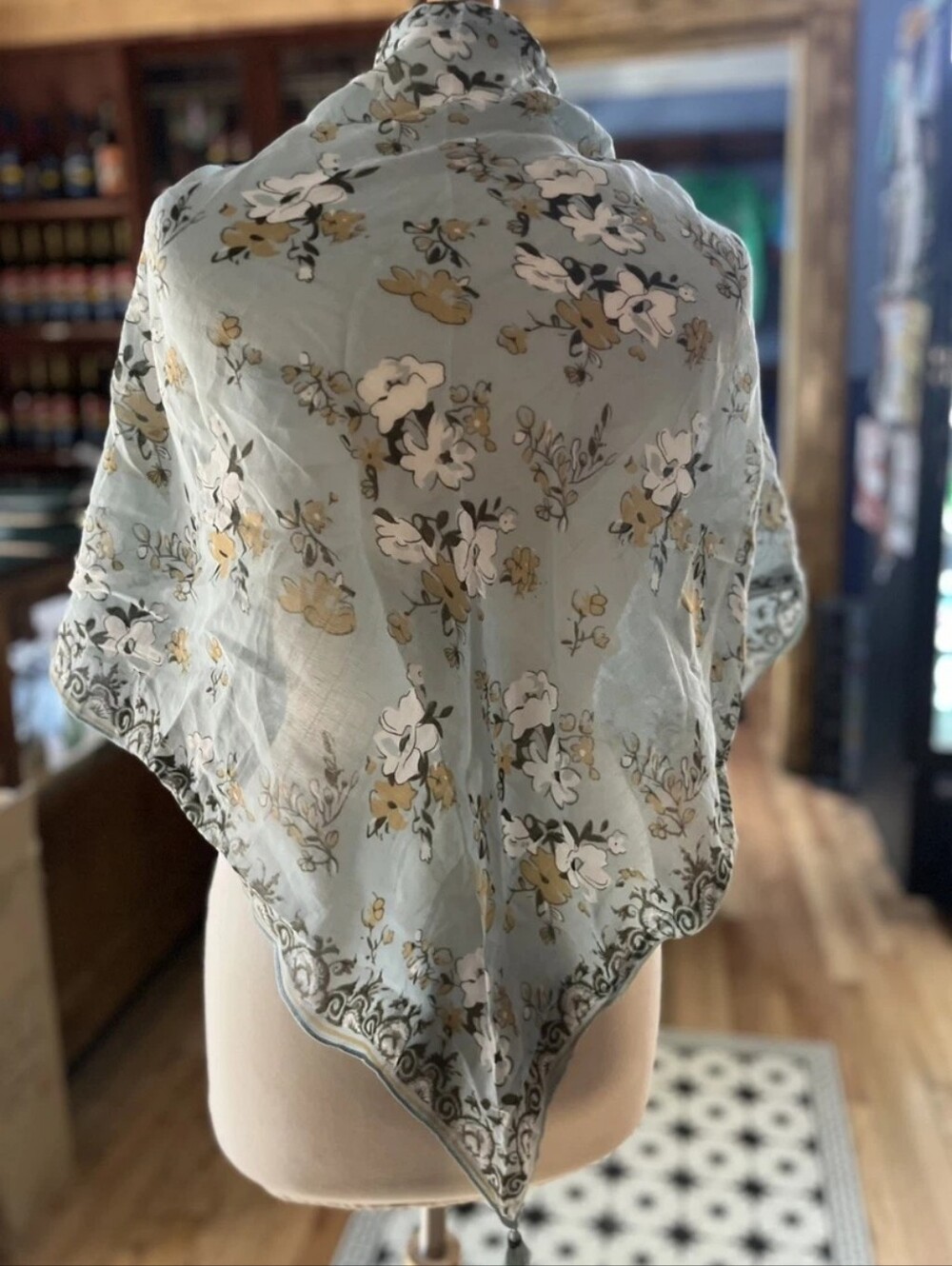 J. JILL Linen Blend Robin Blue Bohemian Floral Triangle Scarf w/ Tassles